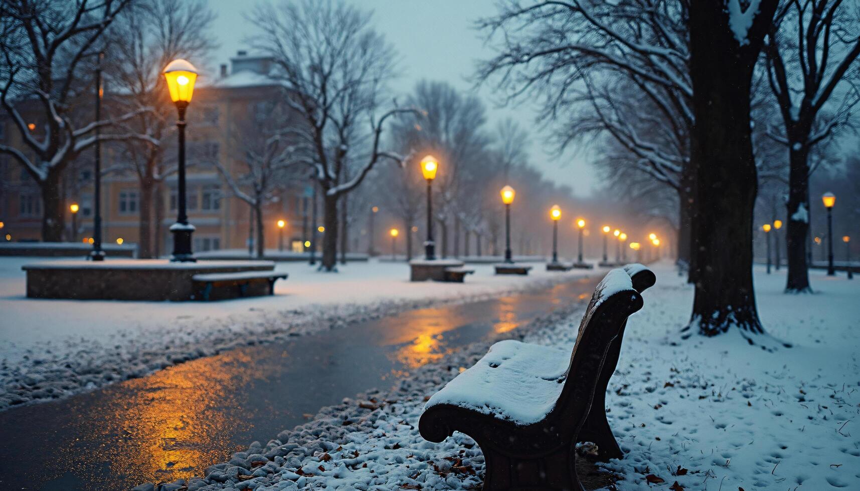 Snowy Park Path with Bench and Illuminated Lampposts photo