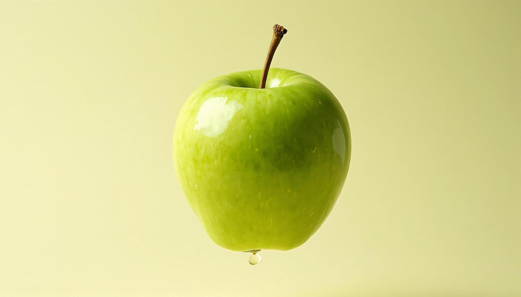 Single Green Apple With Stem and Water Droplet on Yellow Background photo