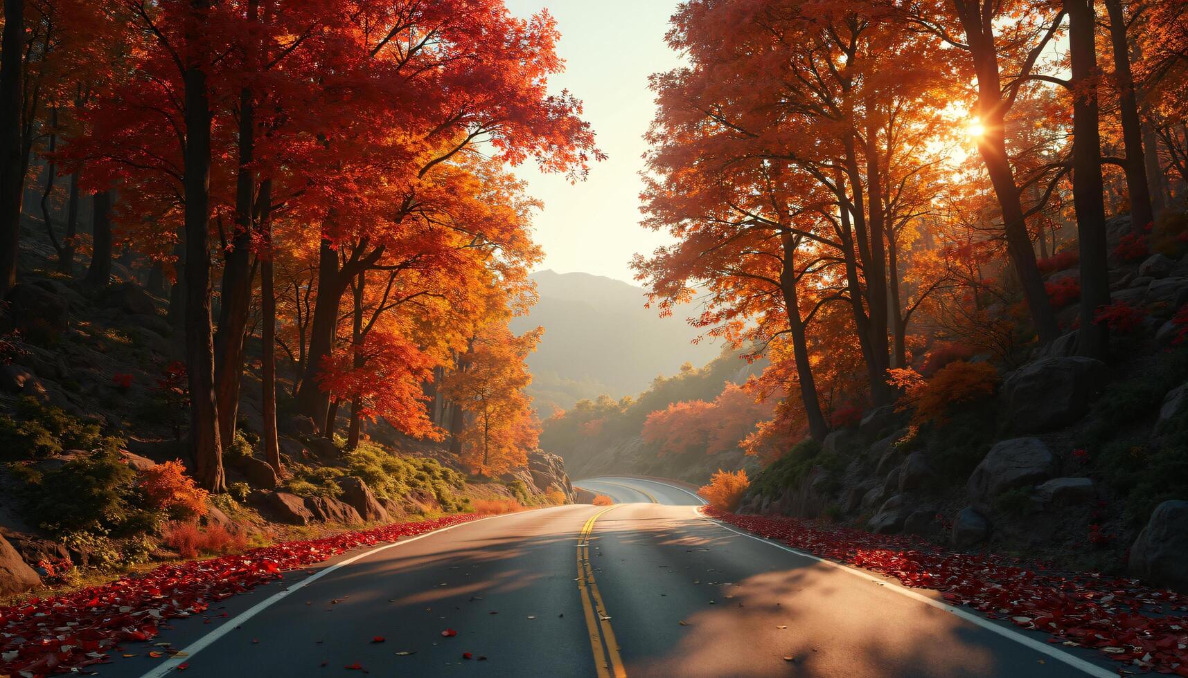 Curving Road through Autumnal Forest with Trees photo