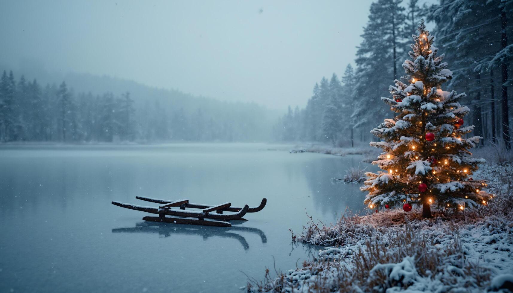 Snowy Lake with Christmas Tree and Sled photo