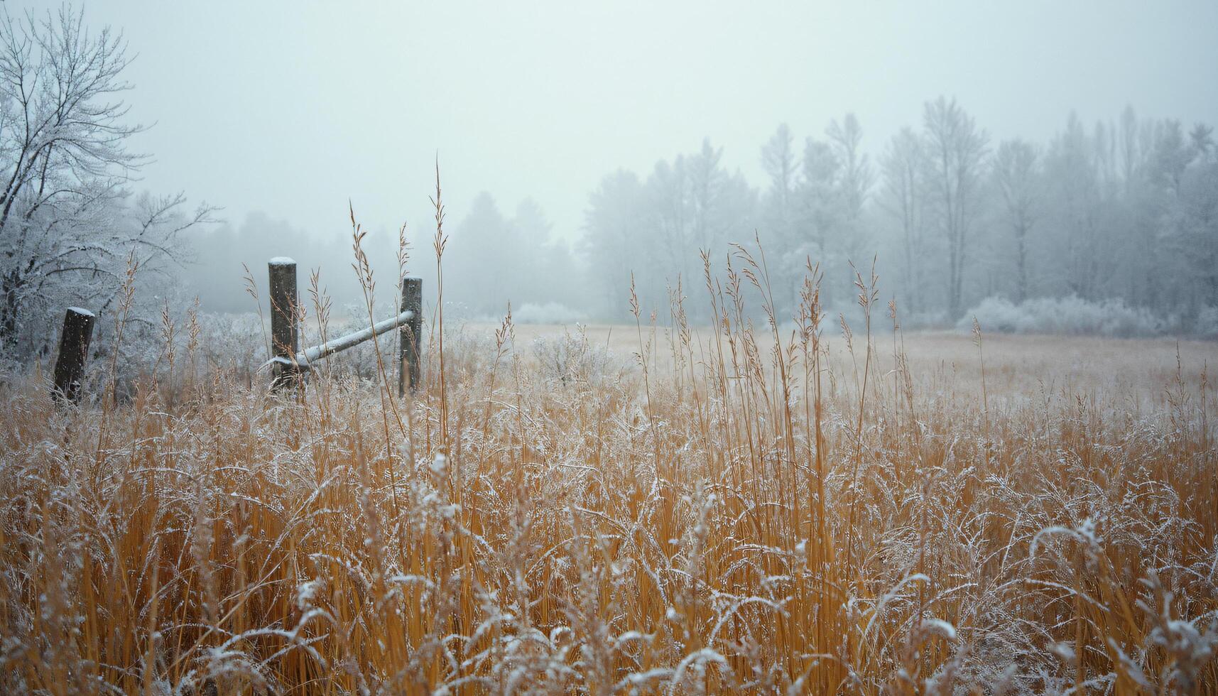 Snowy Field with Grasses, Fence, and Trees. photo
