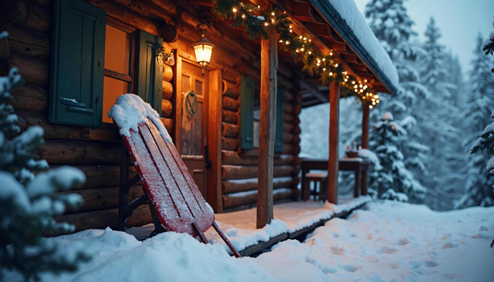 Log Cabin in Winter with Snow and Christmas Lights photo