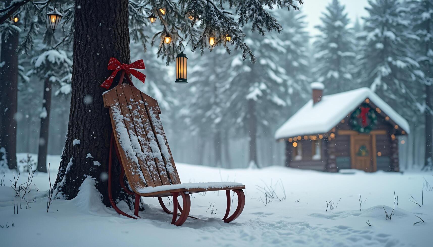 Sled by Tree in Snowy Forest with Cabin photo