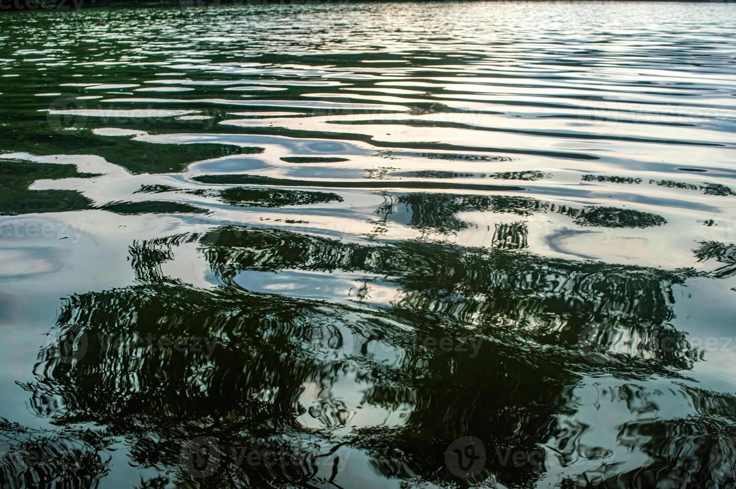 Close up of lake water with gentle ripples reflecting green trees and sky, creating a natural abstract texture. Ideal for backgrounds, wellness visuals, and tranquil nature scenes photo