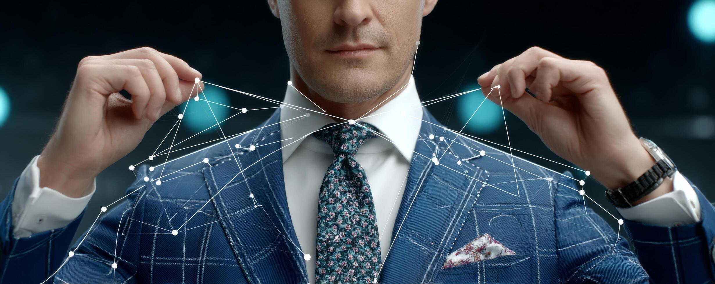 Man in blue checkered suit holding network of connected lines and dots, symbolizing innovation photo