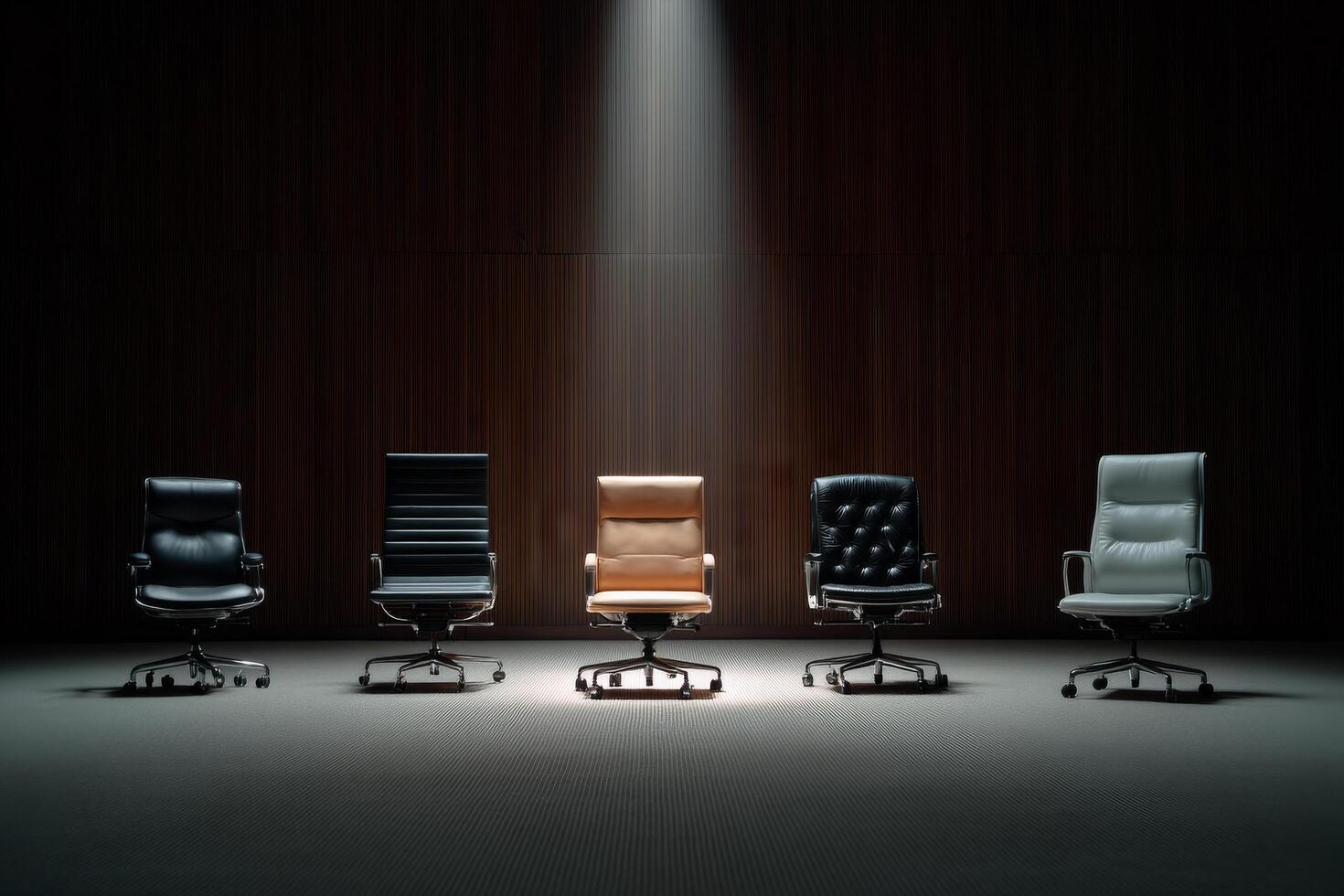 Spotlight illuminates single chair in dark boardroom, creating dramatic atmosphere photo