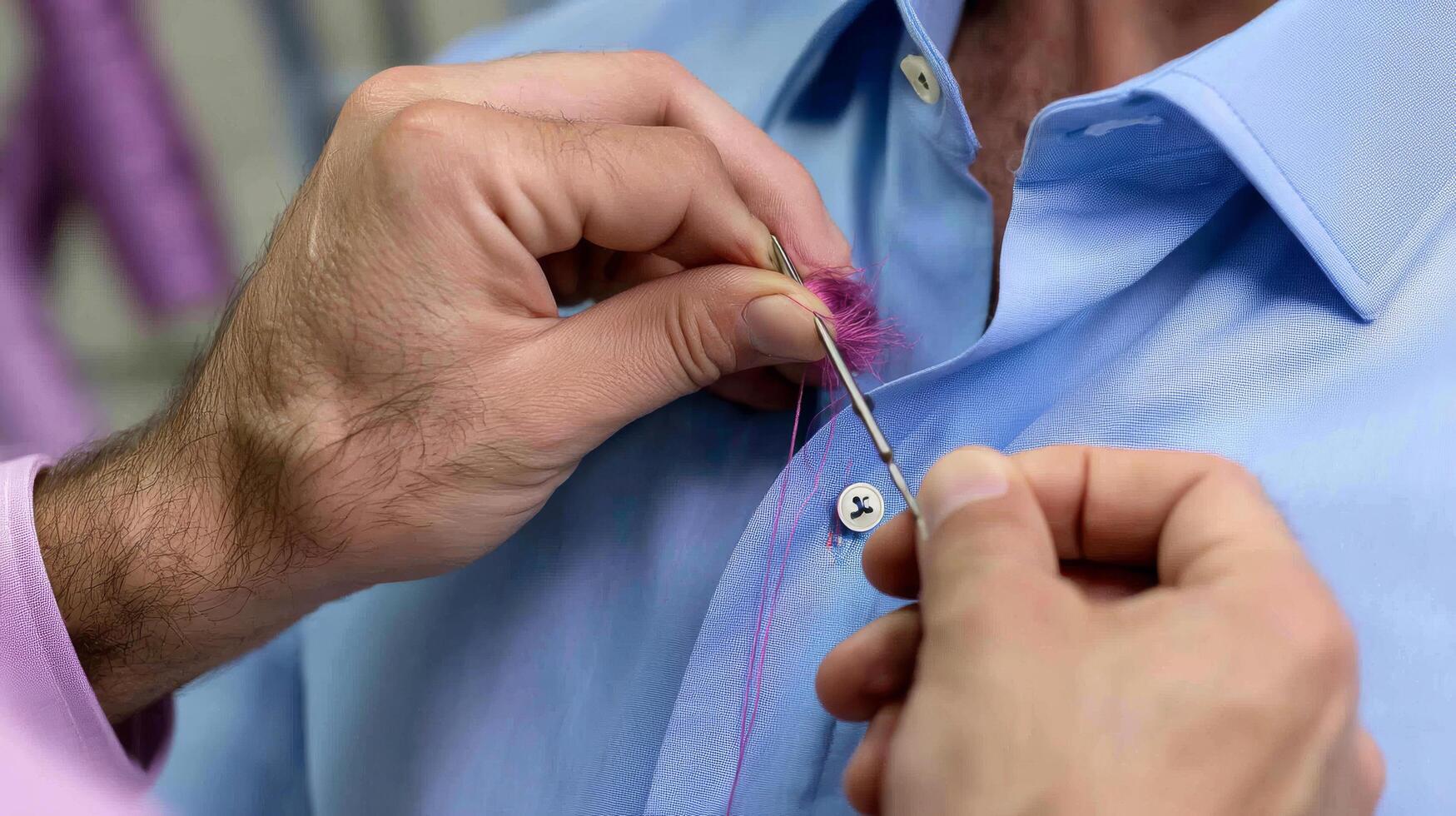 Tailor carefully stitching buttonhole on blue shirt with precision photo
