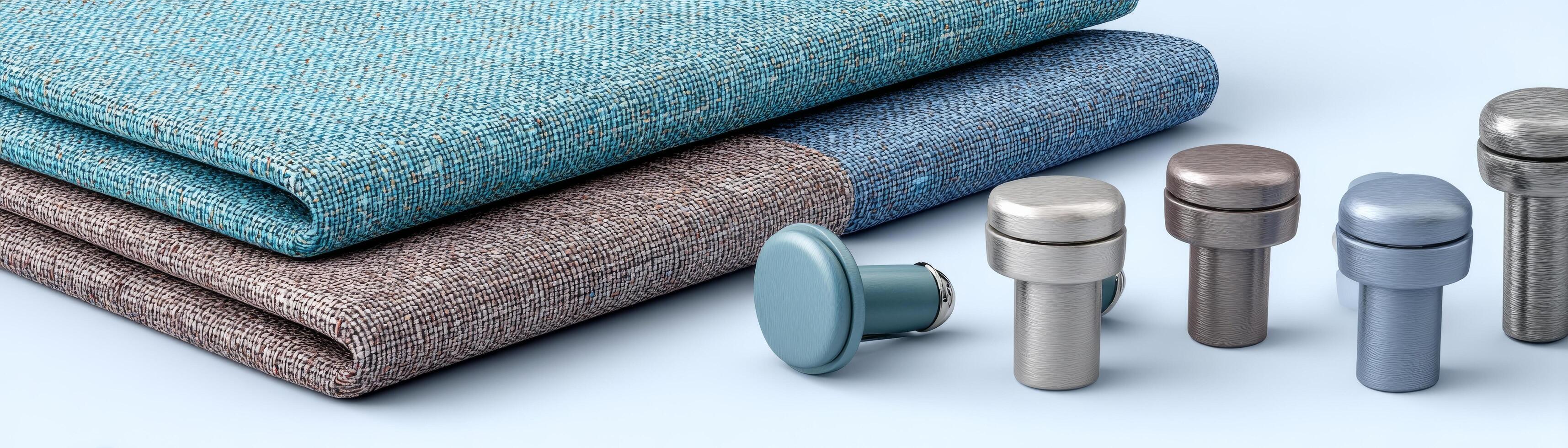 Elegant arrangement of fabric swatches and metallic furniture knobs on light background photo