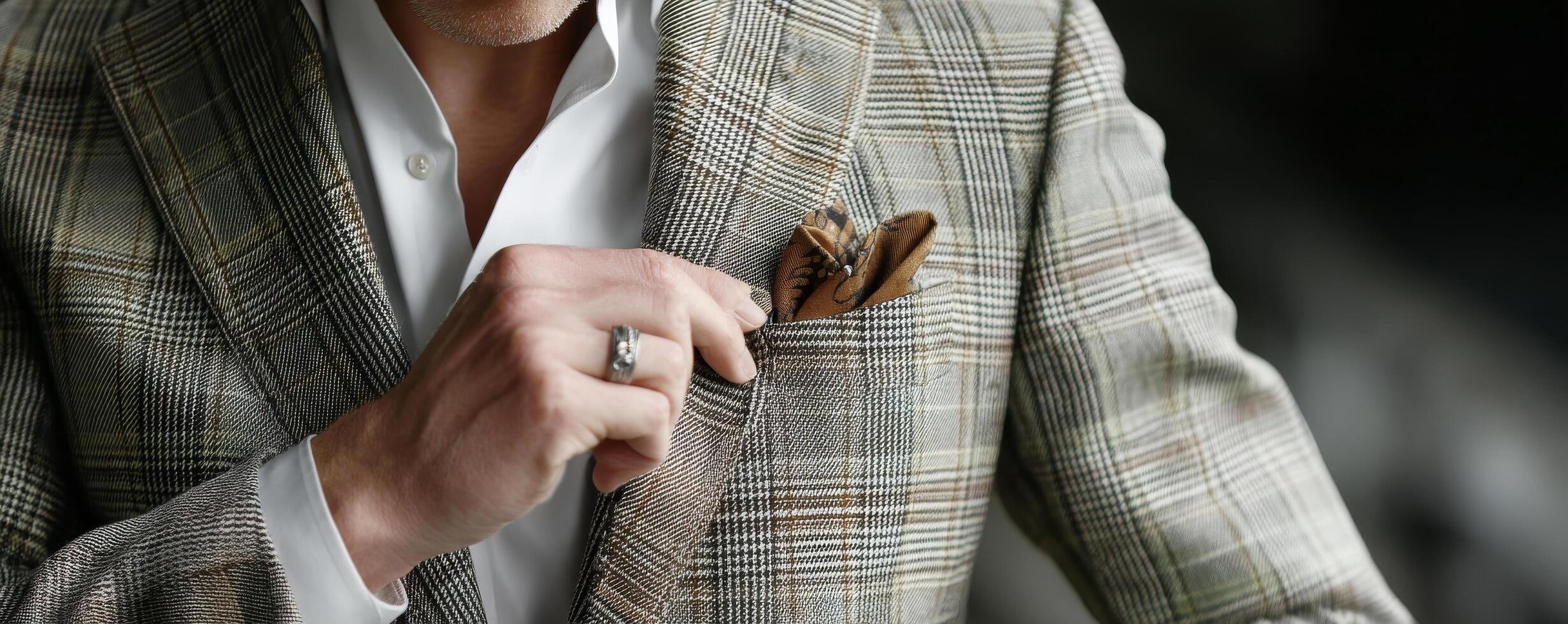 Close up of man adjusting pocket square on plaid suit jacket, showcasing elegance photo