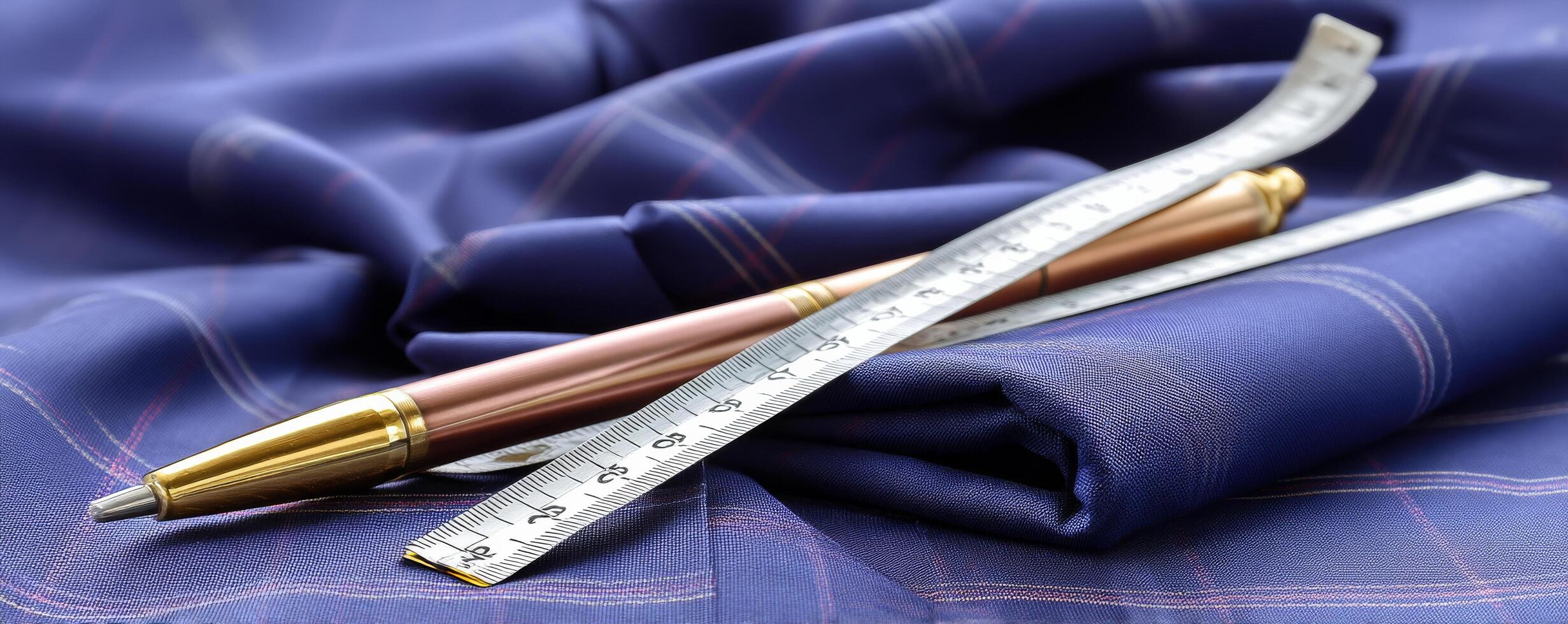 Elegant pen and measuring tape on folded blue fabric with subtle plaid pattern photo