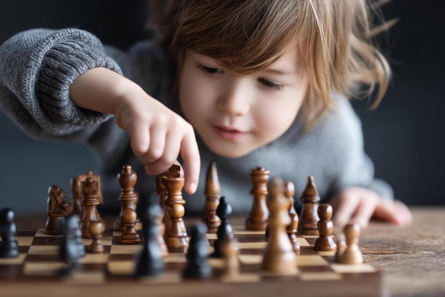 Young child playing chess on wooden board, focused and engaged in game photo
