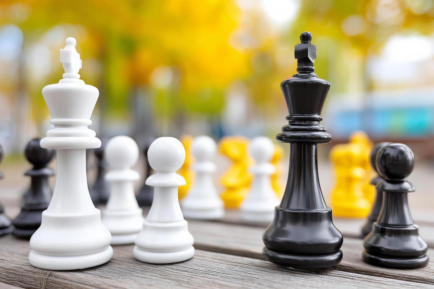 Chess pieces on wooden board outdoors with blurred autumn background photo