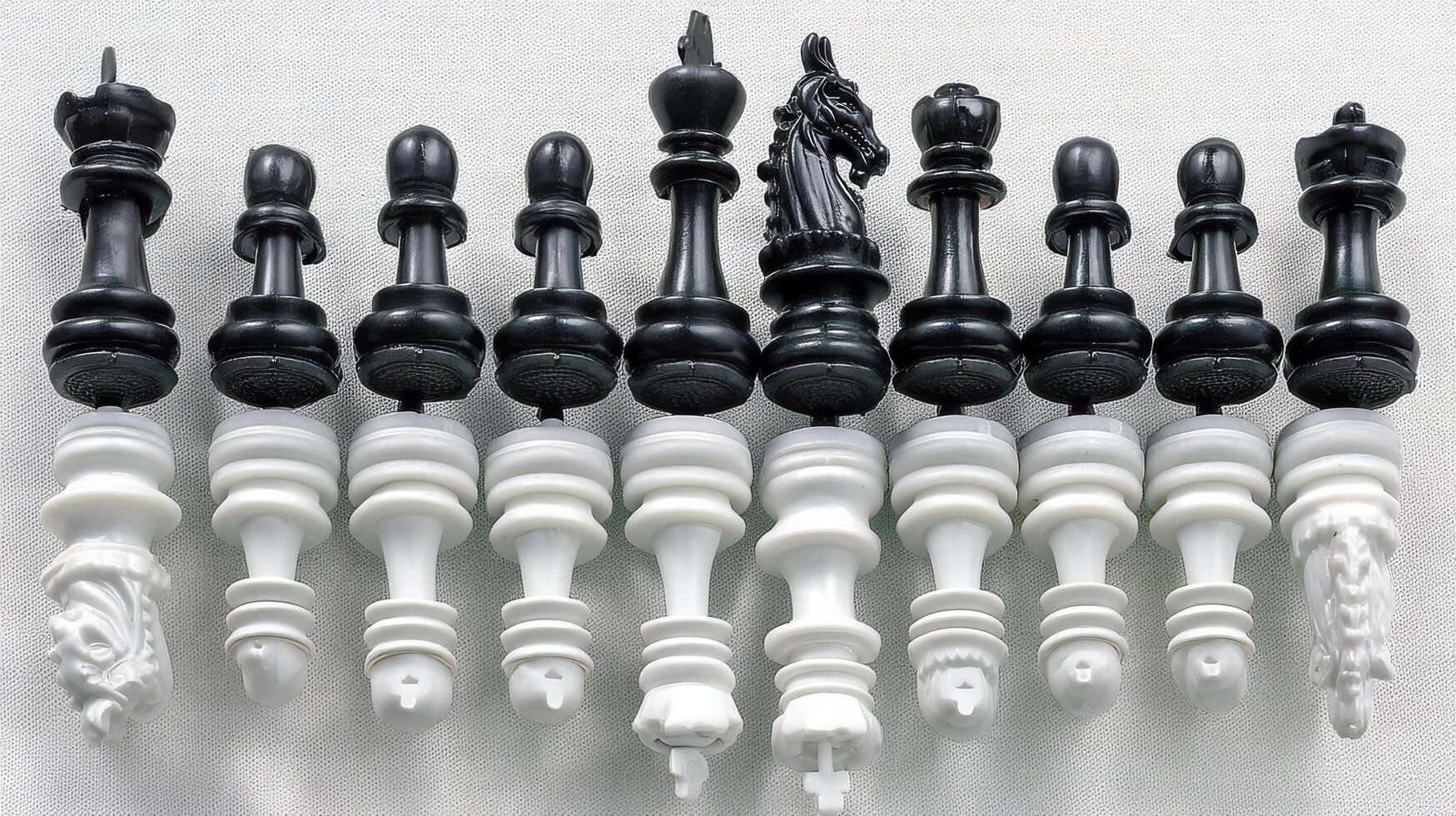 Overhead view of black and white chess pieces arranged on light surface photo