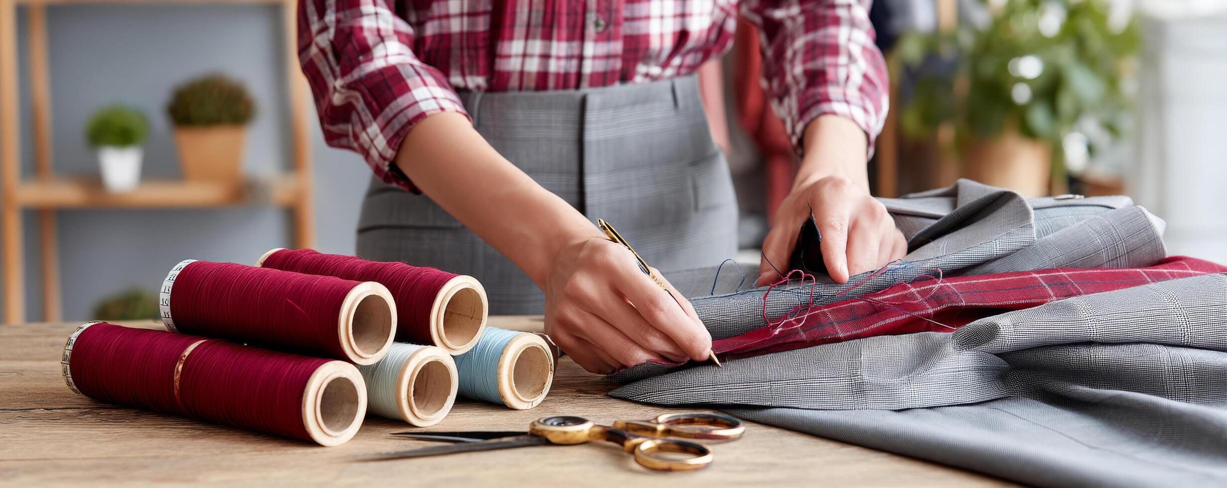 Tailor marking fabric with chalk on grey suit jacket, surrounded by sewing tools photo