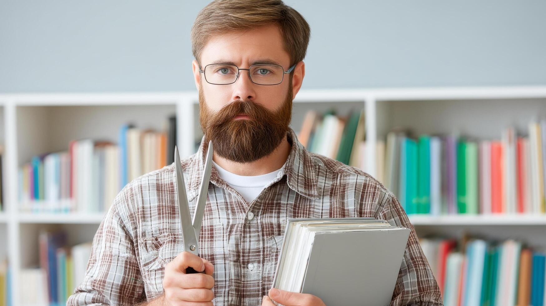 Focused man with glasses and beard holding scissors and books in library setting photo