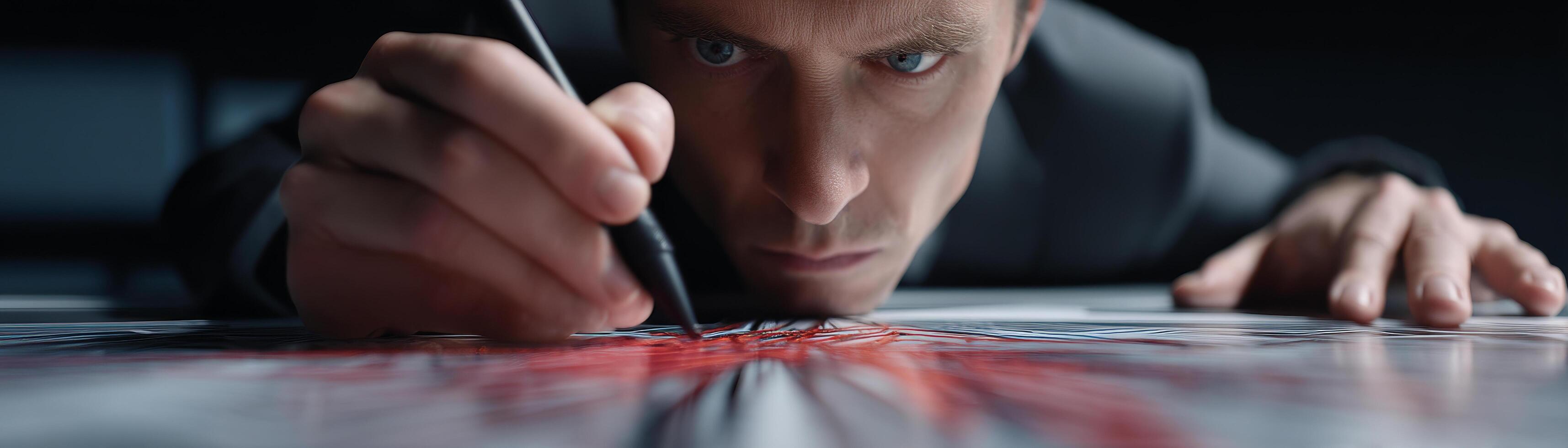 Focused businessman intensely drawing with marker on large surface, expressing determination photo