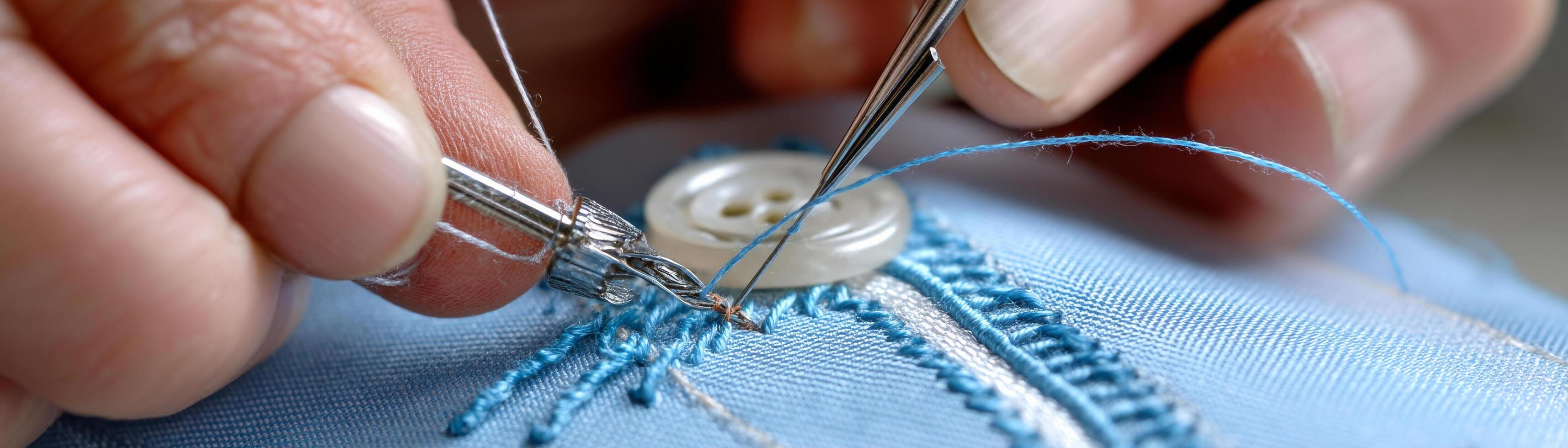Close up of sewing button on blue fabric with precision and care photo
