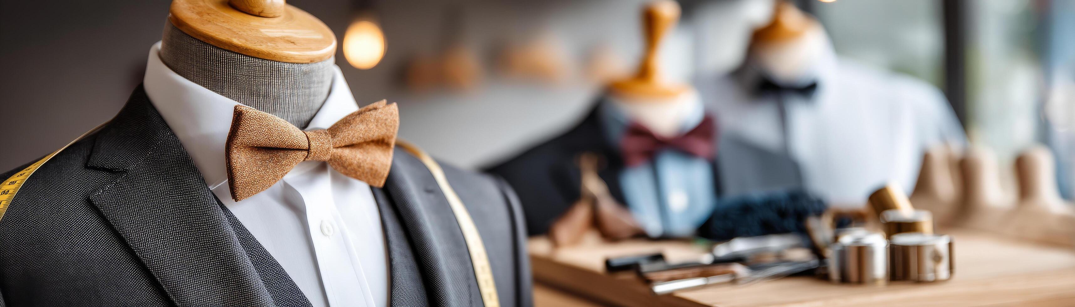 Elegant tuxedo with bow tie displayed on mannequin near tailoring tools photo
