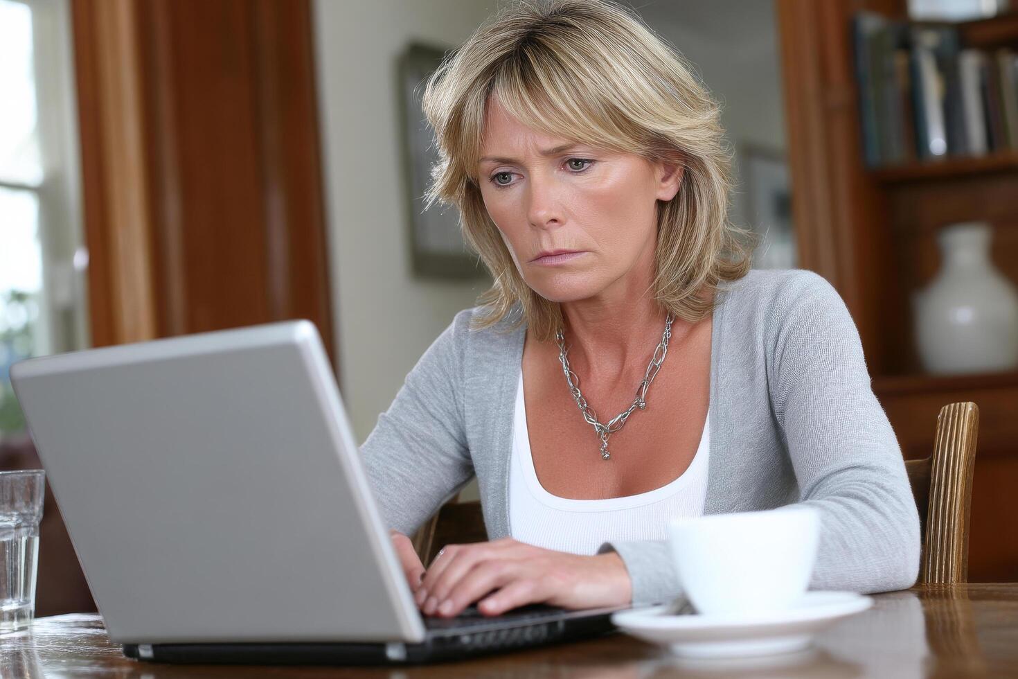 Focused senior woman using laptop at home for online tasks photo