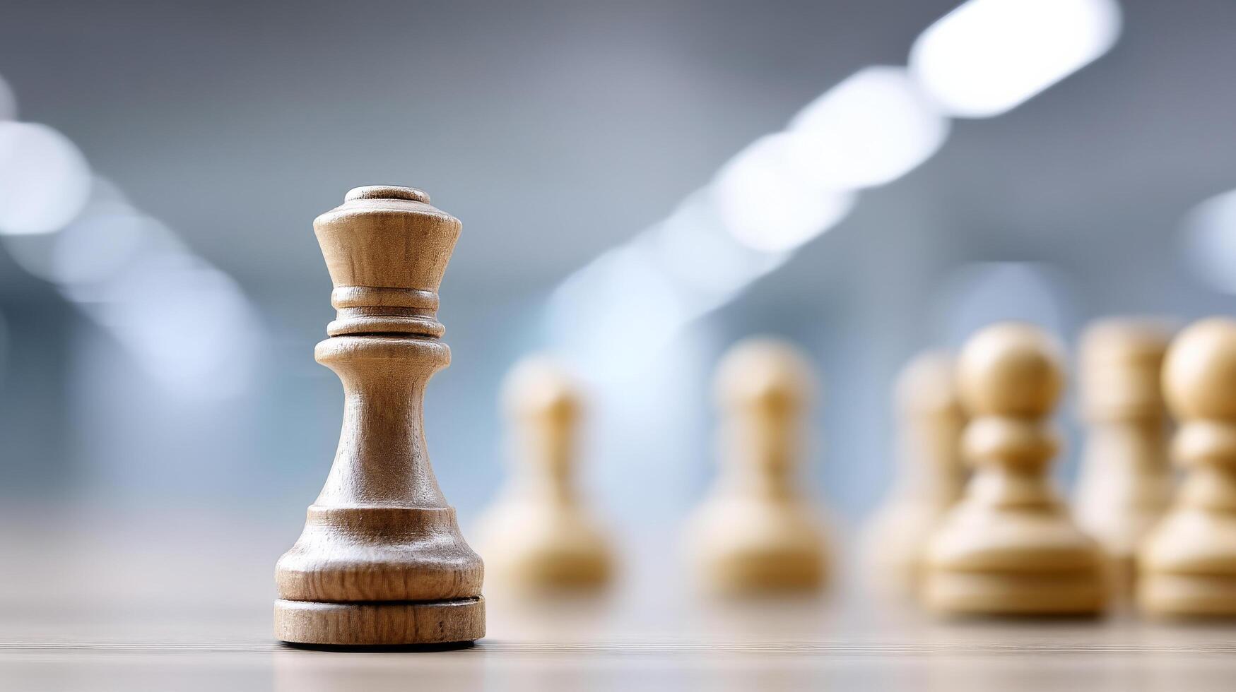Wooden chess pieces on blurred background, focusing on king piece photo