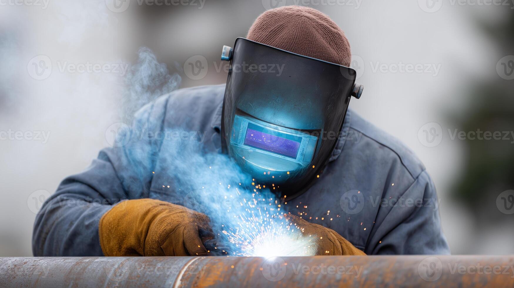 Skilled Welder Wearing Protective Mask Welding Metal Pipe with Precision and Expertise in Industrial Setting Outdoors photo