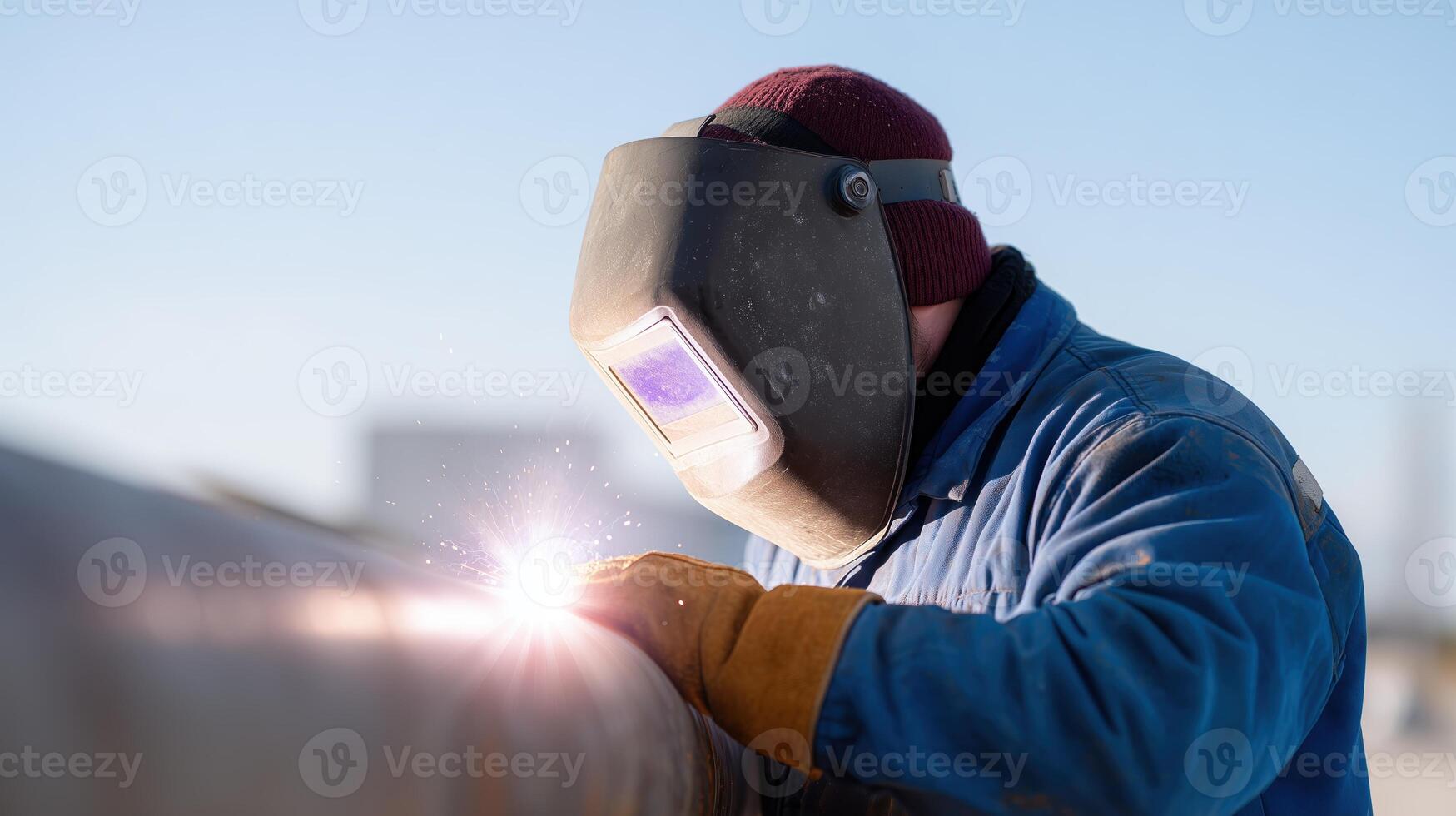 Construction Worker Welding Pipe on Sunny Day in Protective Gear Highlighting Skill and Precision in Industrial Setting photo