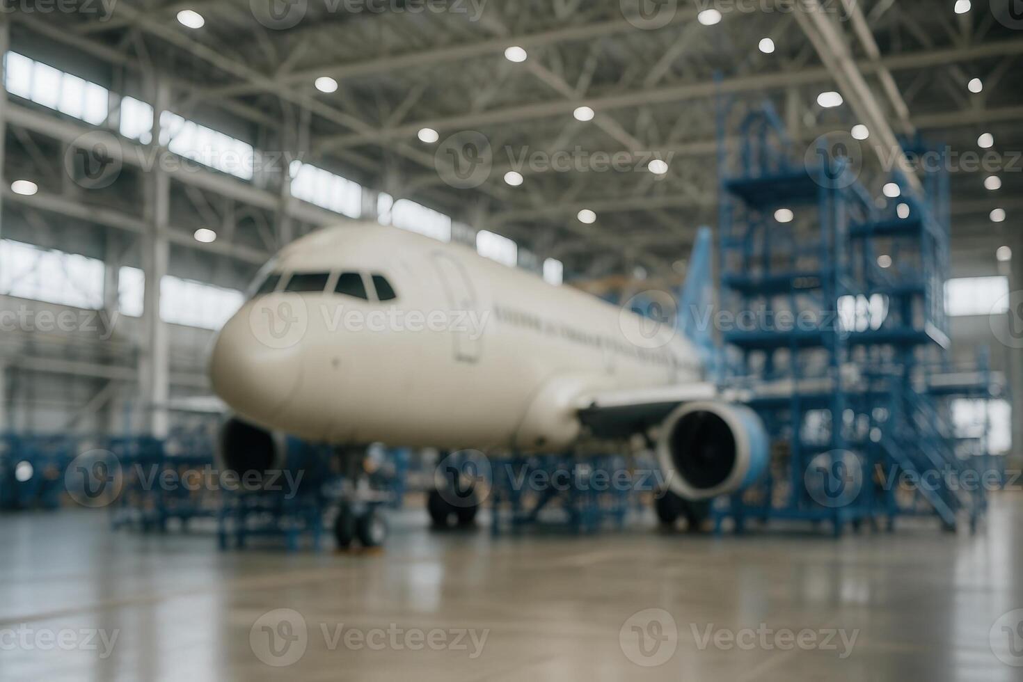 Airplane Inside Large Industrial Hangar with Scaffolding and Overhead Lights in a Busy Assembly Plant photo