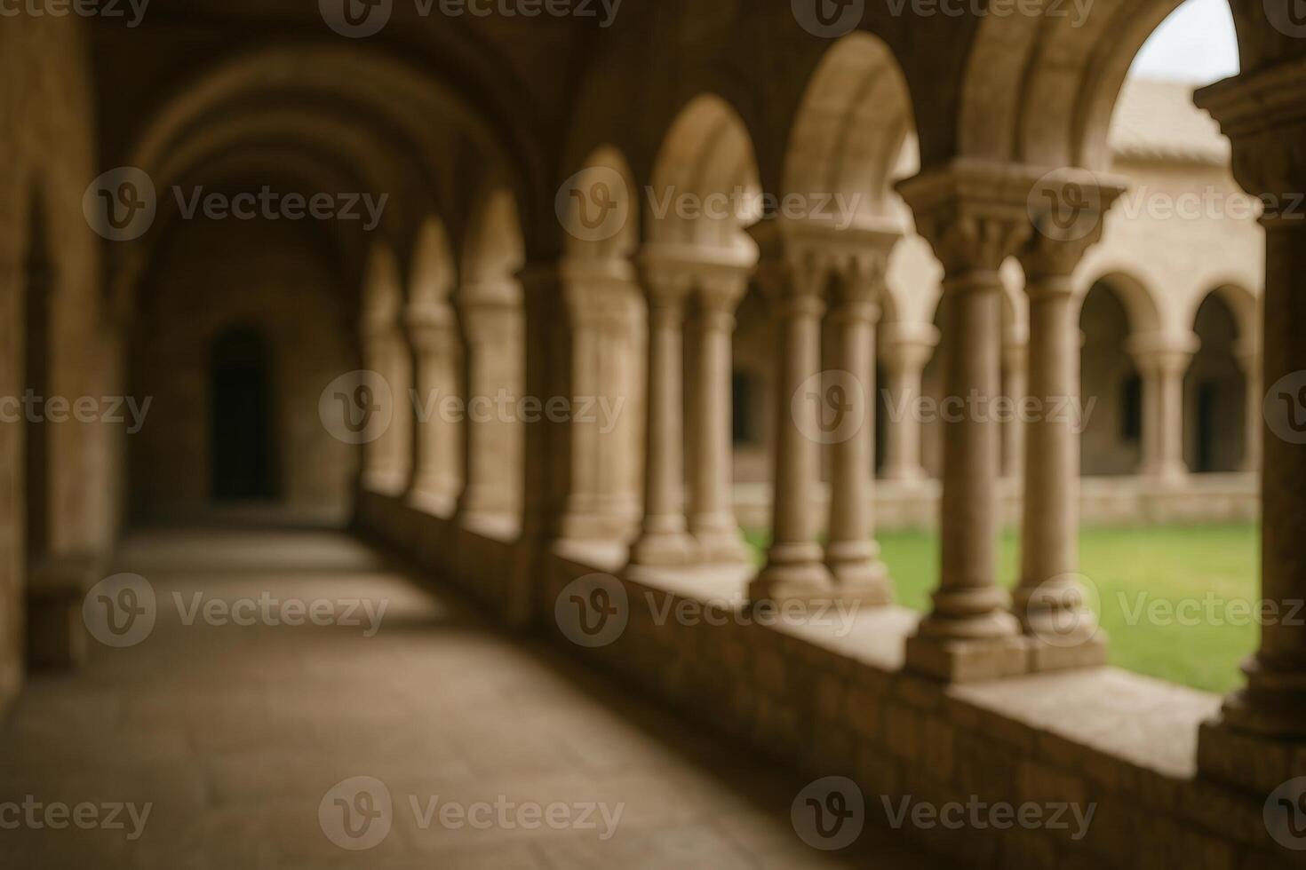 Ancient Cloister Serenity with Stone Arches and Columns in a Peaceful Monastic Setting Gently Lit photo