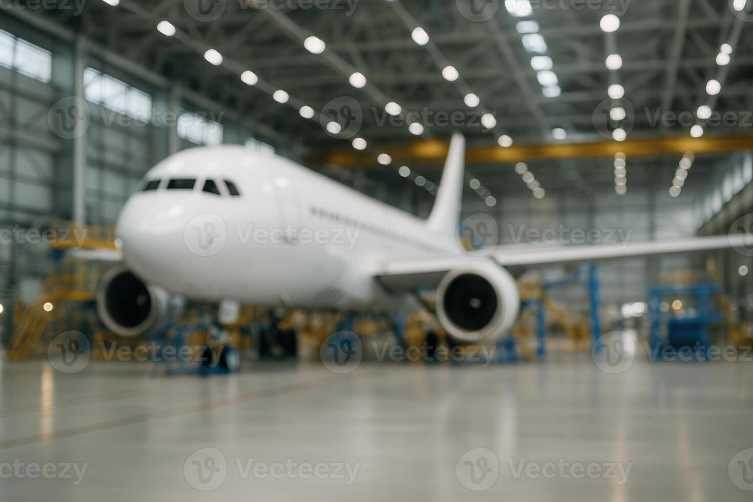 Airplane Assembly Hangar with Large Passenger Jet in Industrial Setting Under Construction Lighting Environment photo