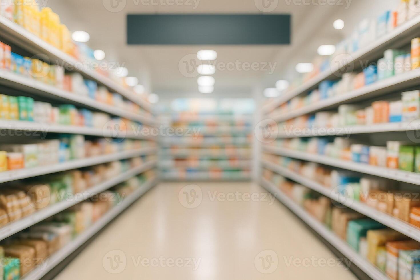 Bright Supermarket Aisle With Shelves of Groceries and Products in Soft Focus, Illuminated by Overhead Lighting, Capturing a Vibrant and Bustling Retail Environment, Ideal for Commercial Use photo