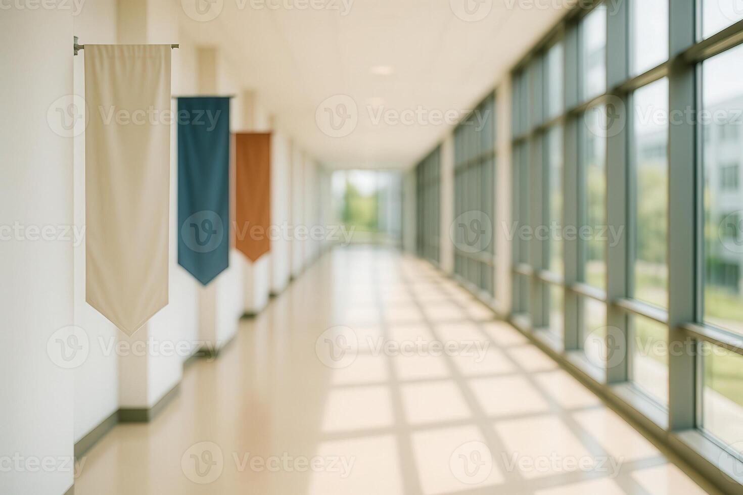 Bright University Corridor with Hanging Banners and Large Windows Illuminating the Modern Space photo