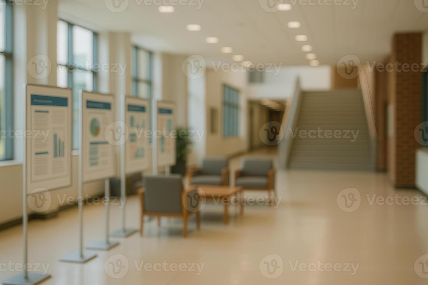 Campus Lobby with Informational Posters and Casual Seating Offering Bright Welcoming Atmosphere photo