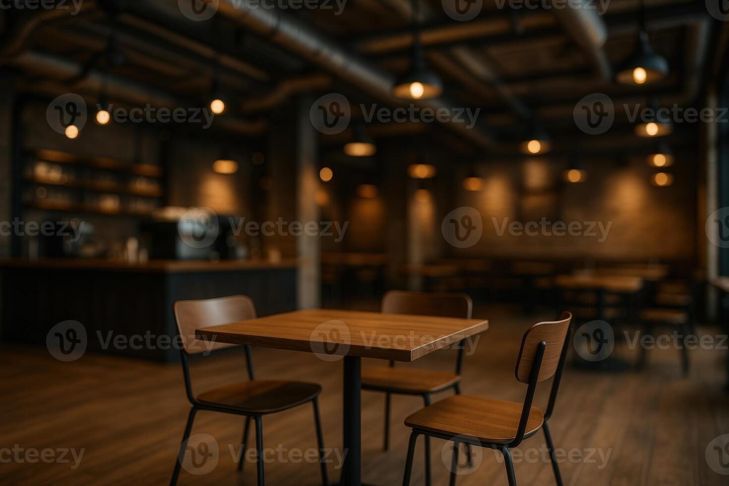 Coffeehouse Interior with Warm Lighting and Contemporary Design Featuring Wooden Tables and Ambient Atmosphere for Relaxed Gatherings photo
