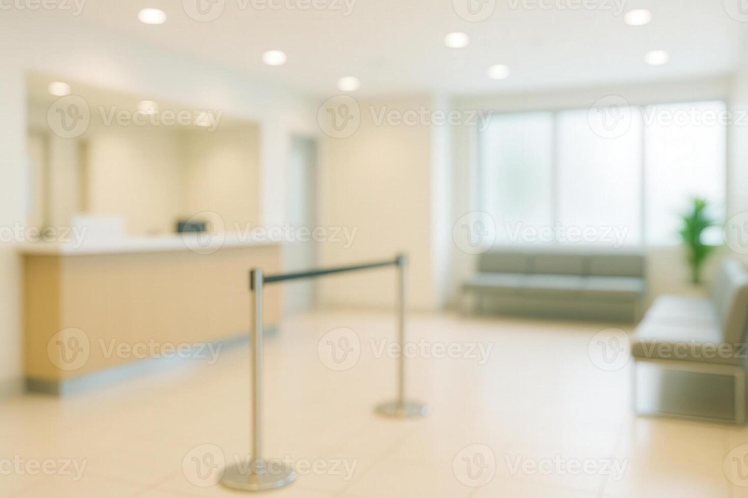 Modern Clinic Reception Interior with Blurred Waiting Area and Contemporary Design Featuring Neutral Colors and Bright Lighting photo