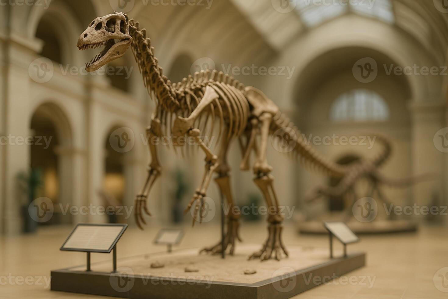 Dinosaur Skeleton Exhibit in Museum with Detailed Close-Up Display in Modern Gallery Setting Featuring Dramatic Lighting and Architectural Arches Capturing History and Science in Focus photo