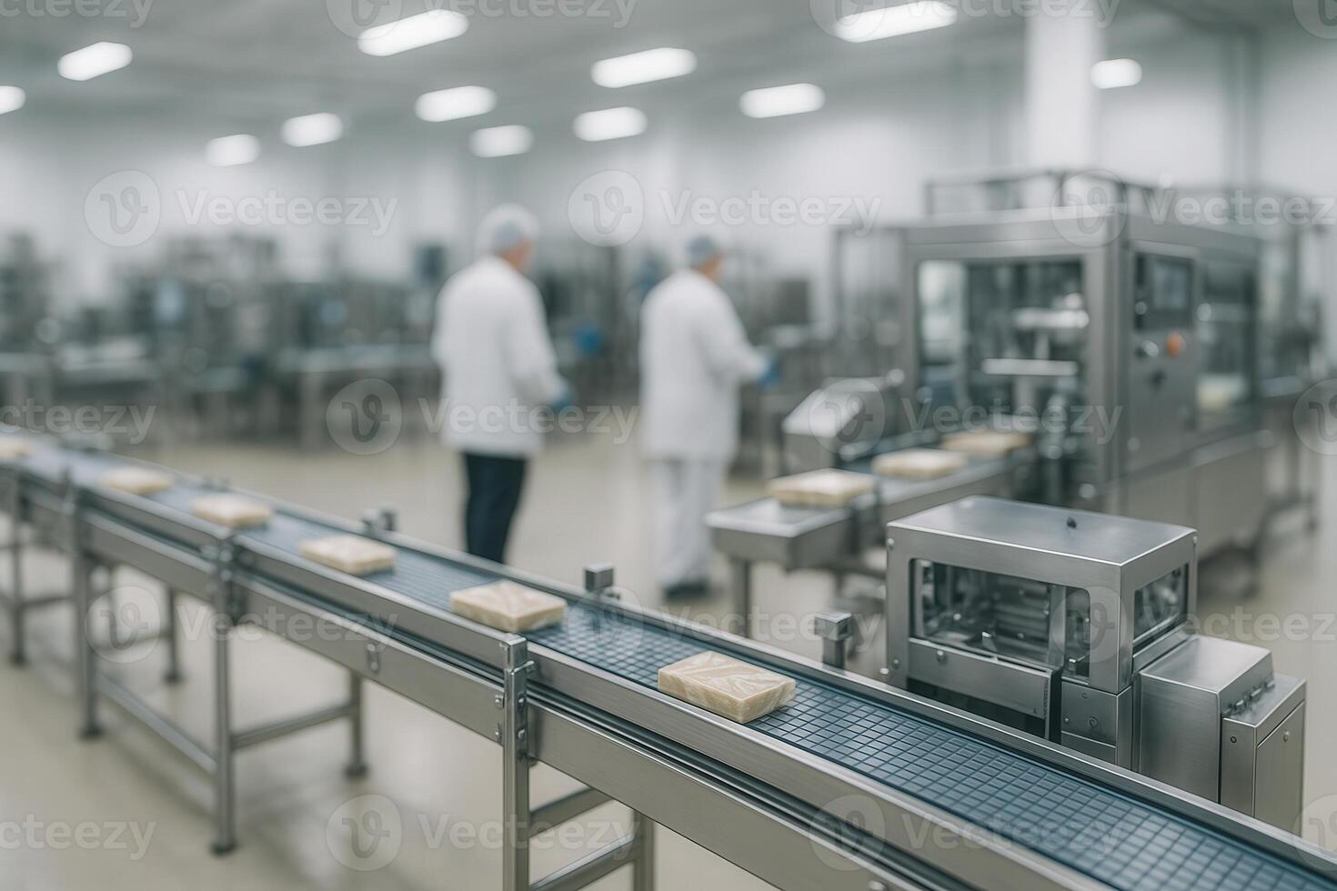 Modern Food Production Line in Factory with Automated Machines and Workers in White Coats for Efficient Manufacturing Process photo