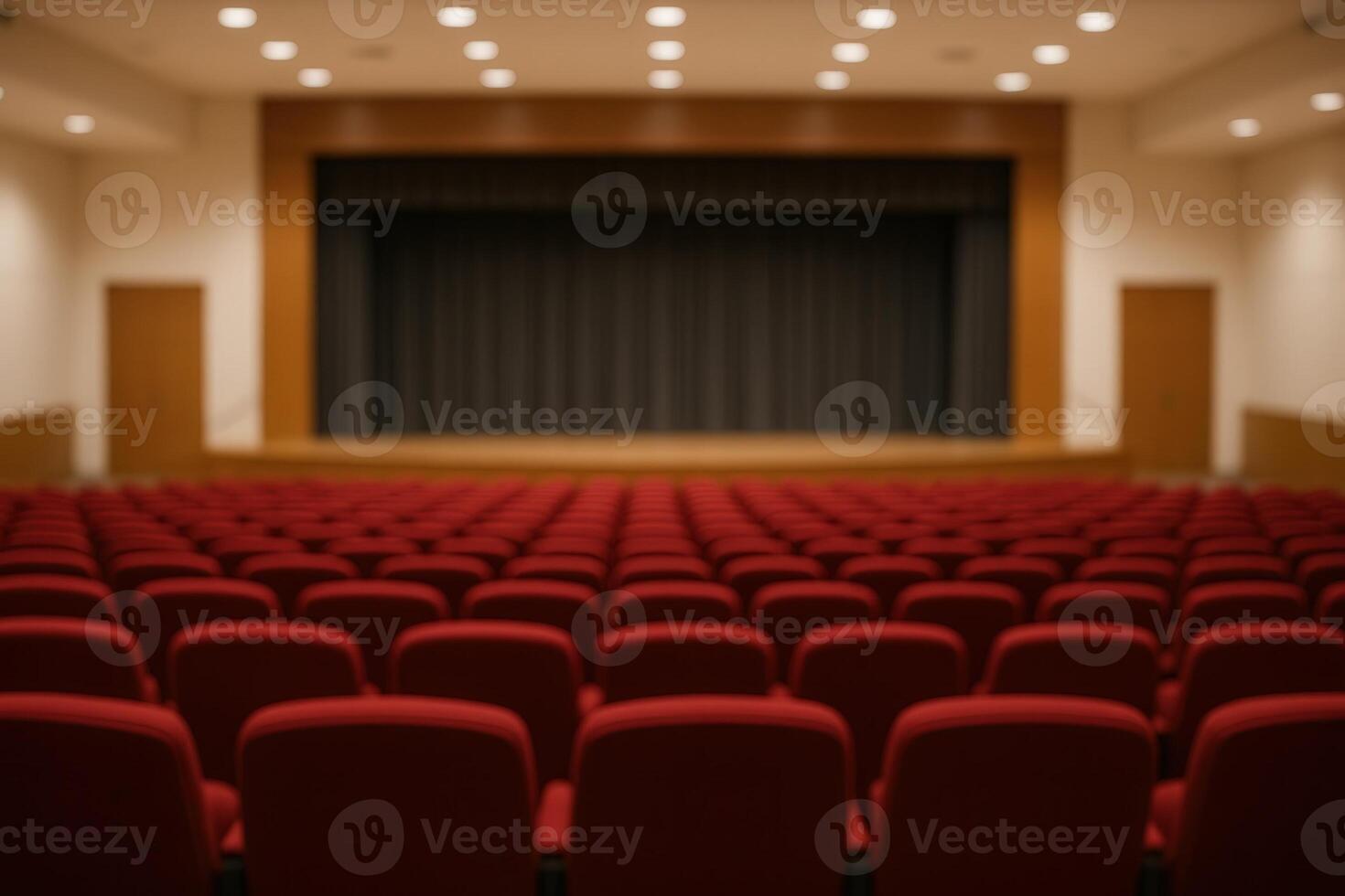 Empty Auditorium Interior with Red Chairs and Stage in Soft Focus Highlighting Spacious Design and Lighting Ambiance in Modern Event Venue for Performances or Conferences photo