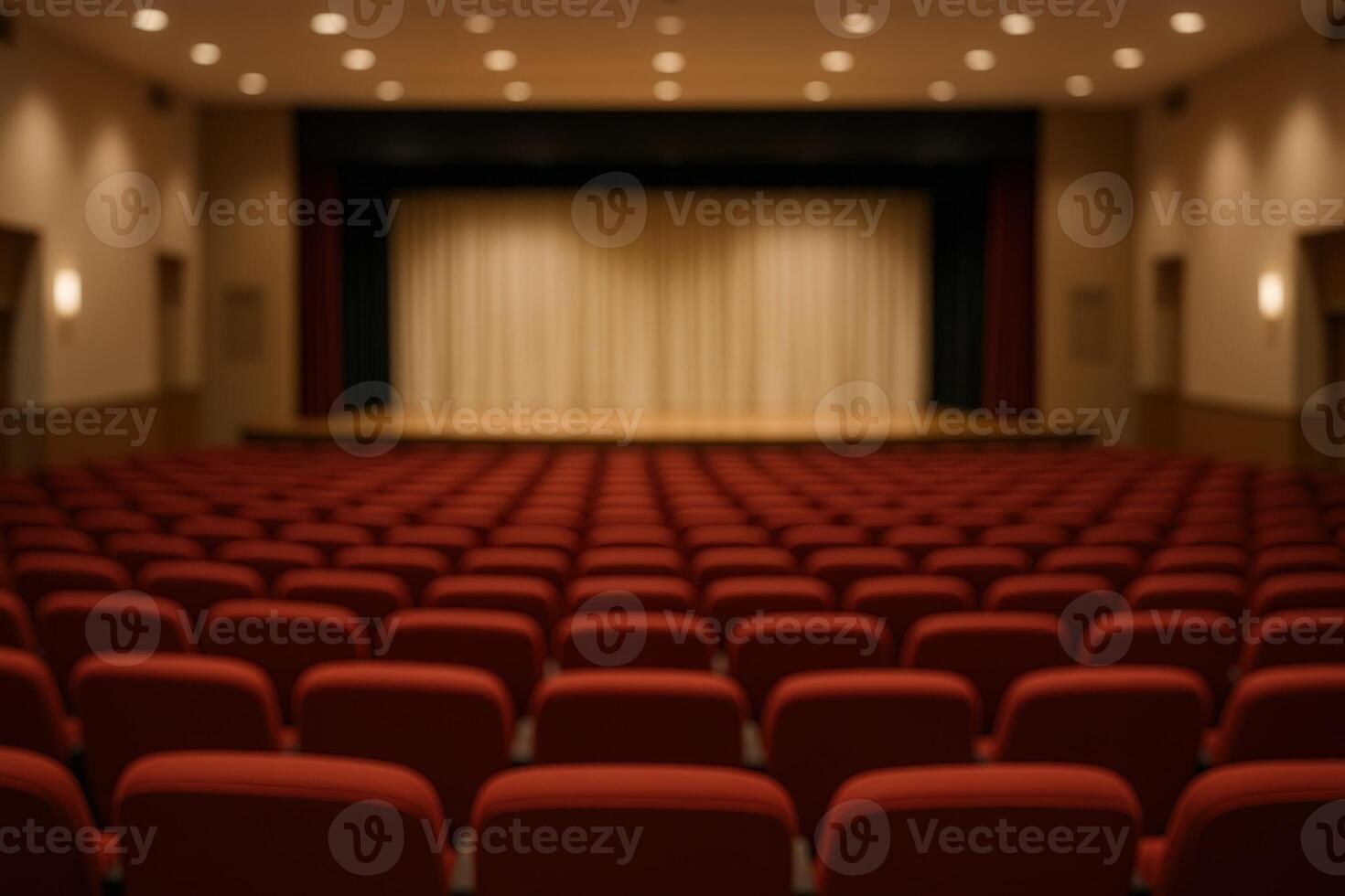 Empty Auditorium Interior With Red Seats and Stage Featuring Closed Curtains in Classic Theater Setup Captured in Soft Focus Lighting photo