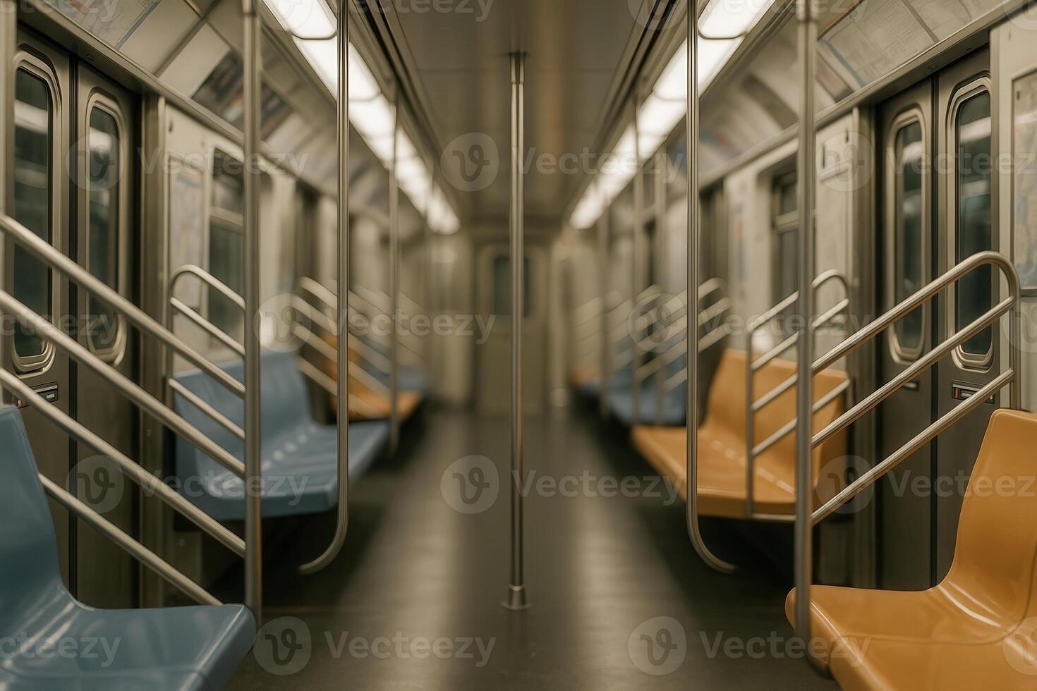 Empty Subway Interior With Blue and Yellow Seats in Soft Lighting - Minimalist Urban Transportation Scene photo