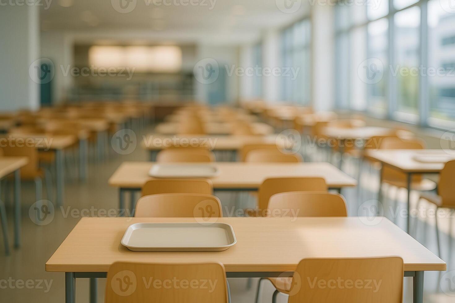 Empty College Cafeteria With Wooden Chairs and Tables Creating a Serene Atmosphere in a Brightly Lit Space photo