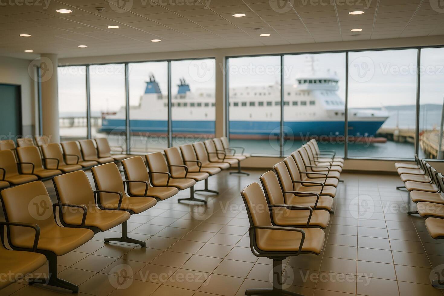 Spacious Ferry Terminal Waiting Hall with Rows of Empty Seats and View of Docked Ferry Outside Large Windows photo