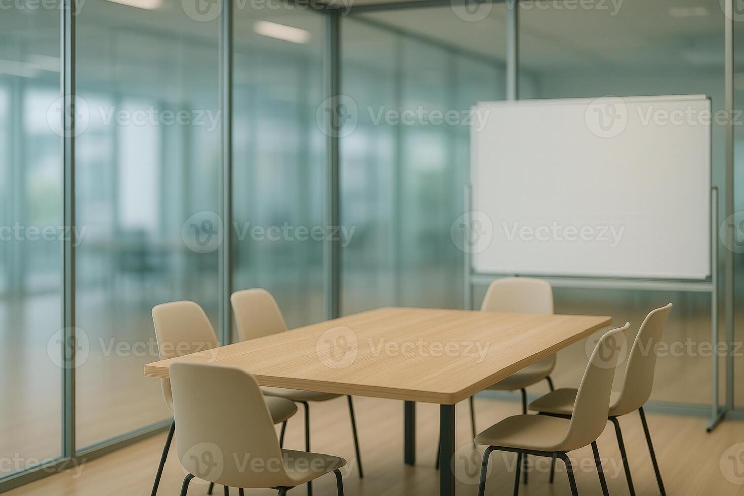 Modern Glass Enclosed Meeting Room With Wooden Table And Chairs In Office Space Reflecting Minimalist Design For Collaborative Workspaces photo