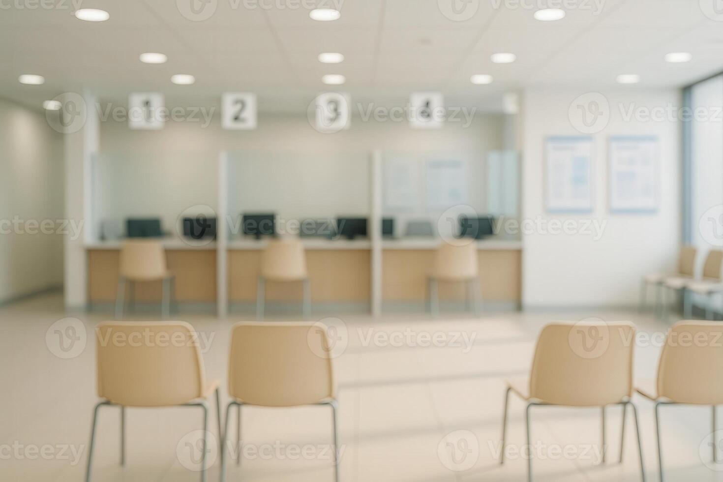 Government Office Waiting Area Interior Featuring Seating, Desks, and Numbered Counters in Bright, Modern Design for Administrative Tasks photo