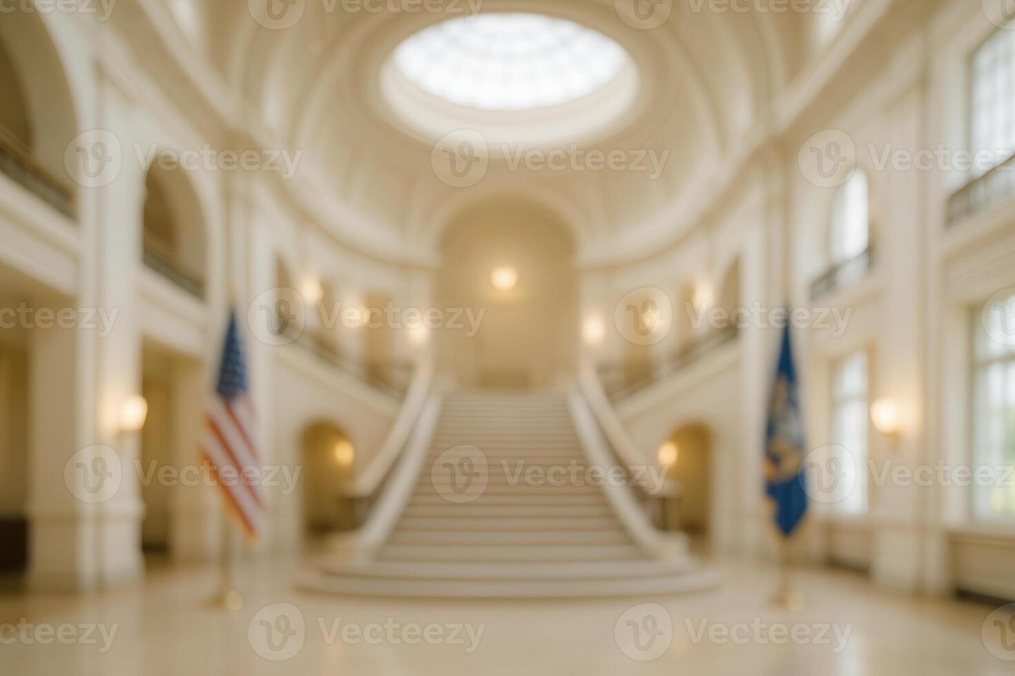 Majestic Grand City Hall Entrance with Flags and Stunning Spiral Staircase in Elegant Neoclassical Architecture photo