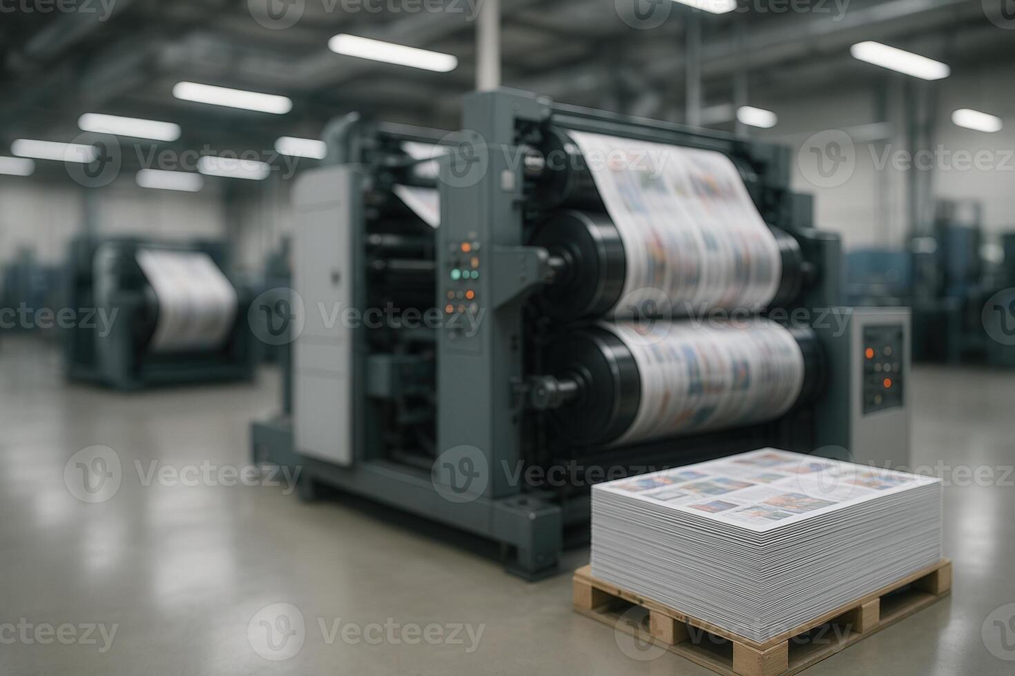 High Speed Printing Press in Industrial Setting with Stacks of Printed Sheets in Factory Environment photo