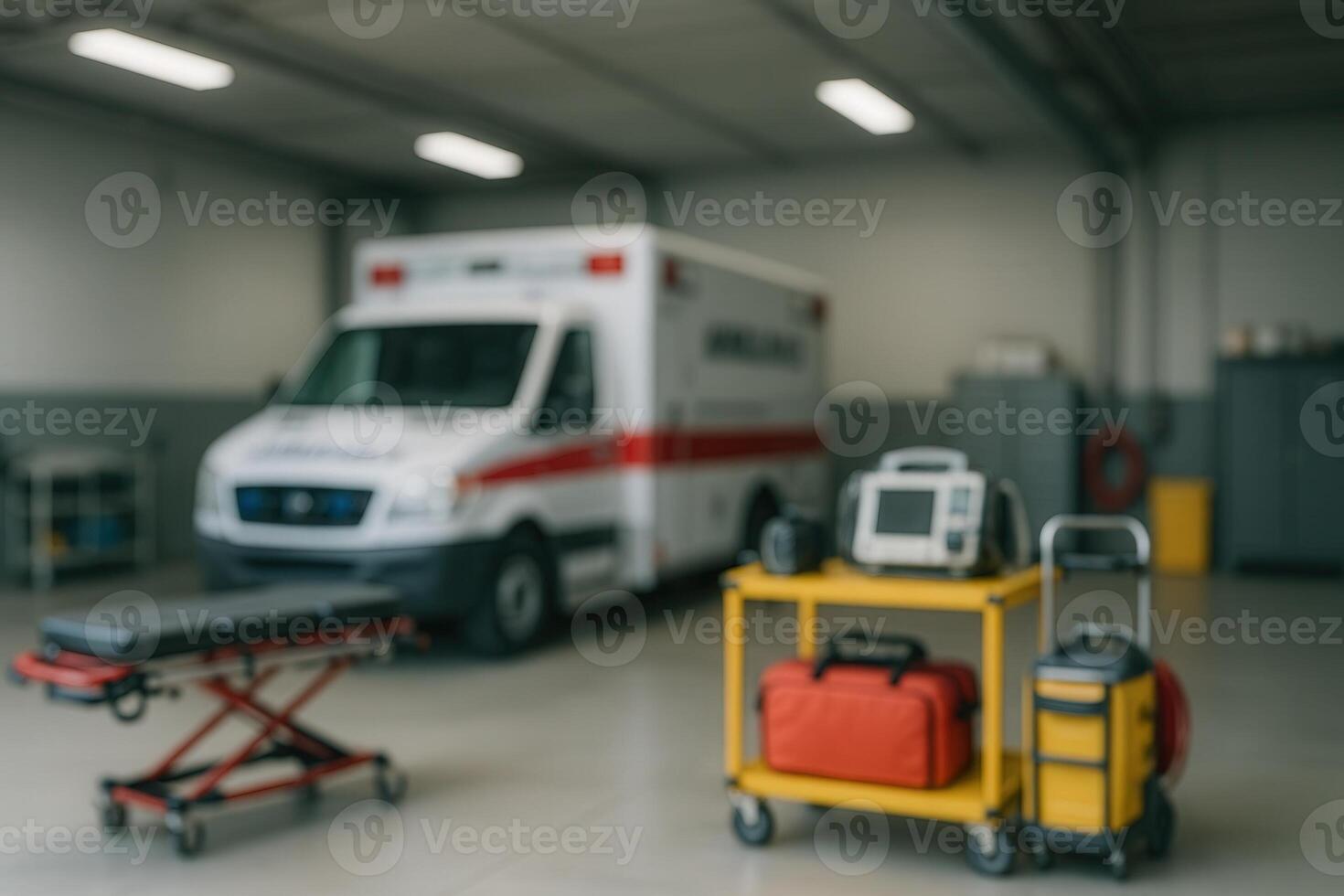 Ambulance Bay in Modern Hospital Facility Featuring Emergency Equipment and Tools for Medical Services in a Bright Industrial Garage Setting with Advanced Life Saving Devices photo