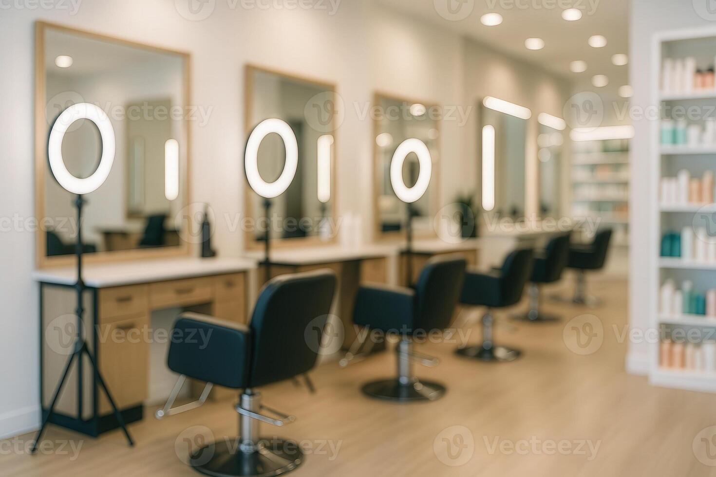 Modern Luxurious Salon Interior with Stylish Chairs and Illuminated Mirrors for High-End Pampering Experience in Contemporary Setting photo