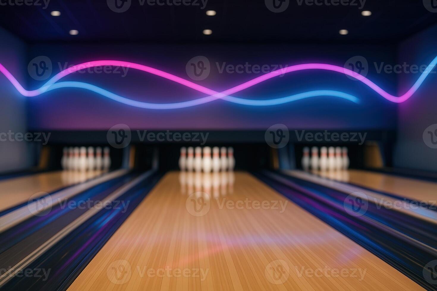 Neon Lit Bowling Alley With Glowing Lights and Bowling Pins in a Modern Recreational Venue for Urban Entertainment and Leisure Activities photo