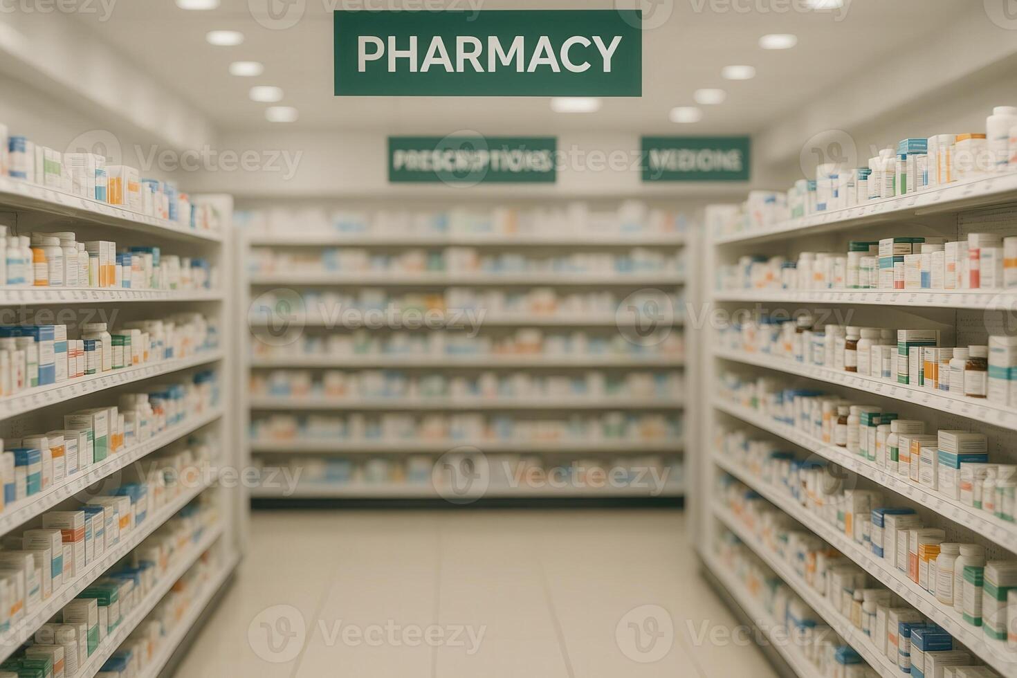 Pharmacy Medicine Shelves Filled with Various Medicines and Prescriptions in Well Organized Aisles with Clear Signage for Efficient Shopping and Easy Access to Pharmaceutical Products photo