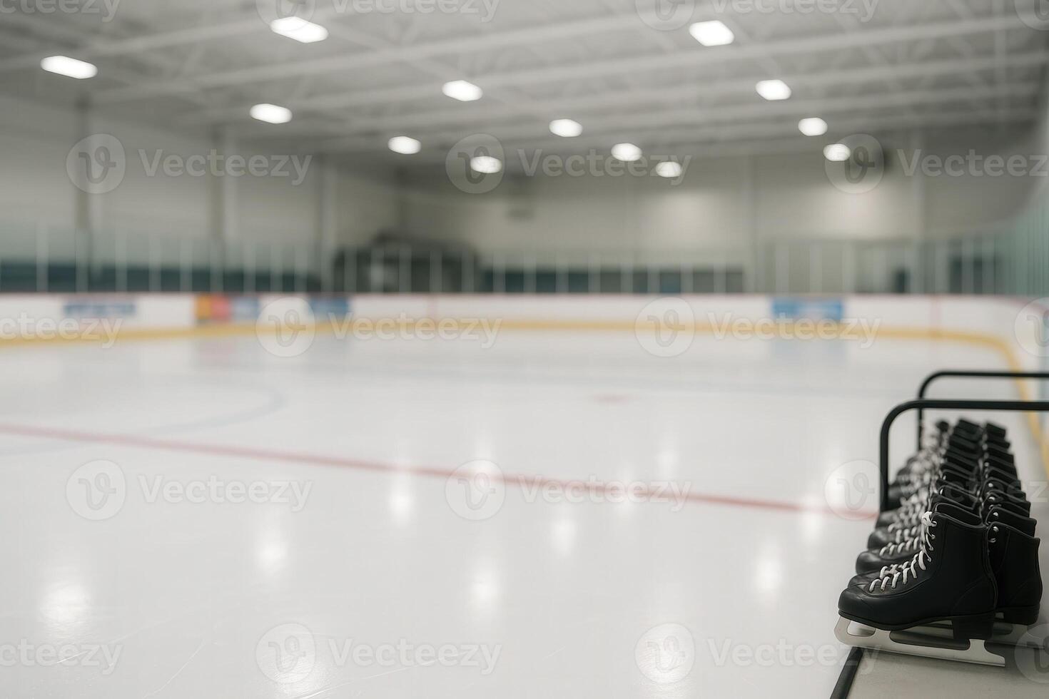 Pristine Ice Rink With Empty Arena Featuring Rows Of Skates On Railing, Ready For Winter Sports And Recreational Ice Skating Activities In A Well-Lit Indoor Facility, Ideal For Cold Weather Fun photo